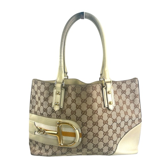 Gucci Vintage GG Monogram Tote Bag with Gold Leather Trim and Horsebit Detail - Picture 1 of 10